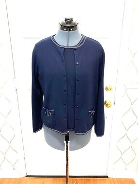 Composition Silk Twinset Navy Cardigan shell sweater set bow trim pocket L 121
